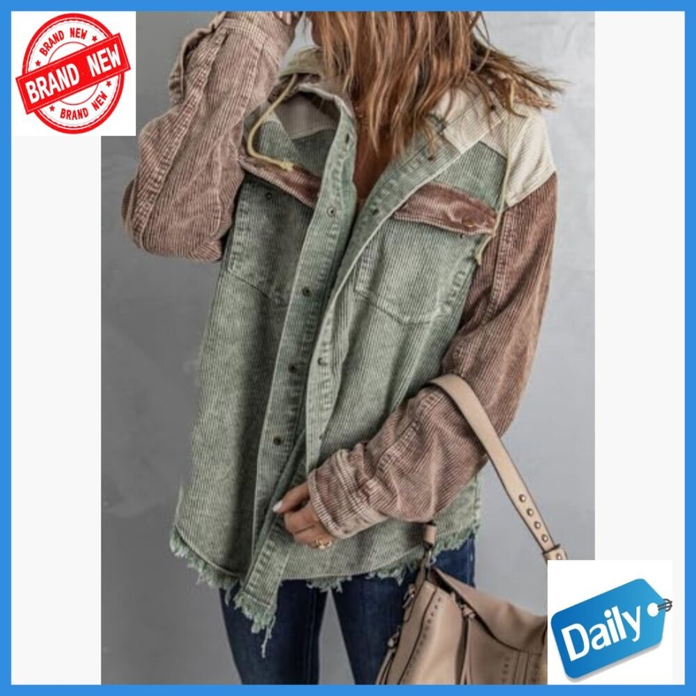 Corduroy Shacket Jacket Long Sleeve Button Down Hooded Coat with Pockets - Picture 3 of 7